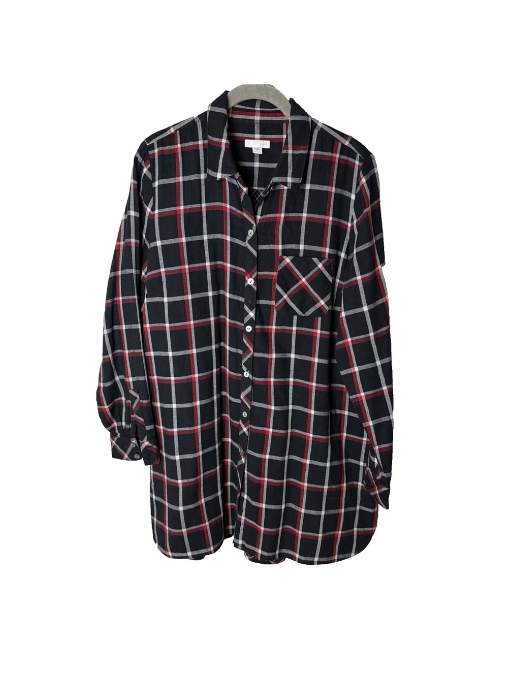 J. Jill Tunic Shirt Size Medium Top Long Sleeves Plaid Cotton Black Red White